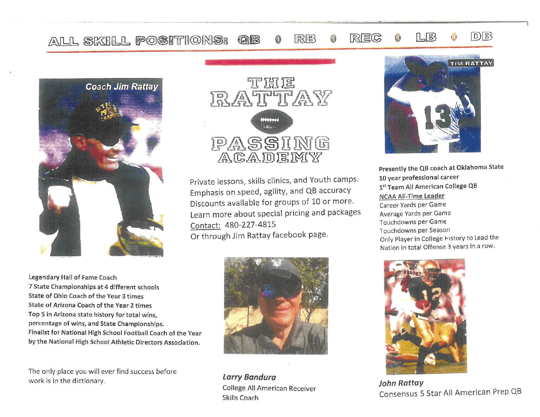 The Rattay Passing Academy flyer with coaches, services, accomplishments, and contact information