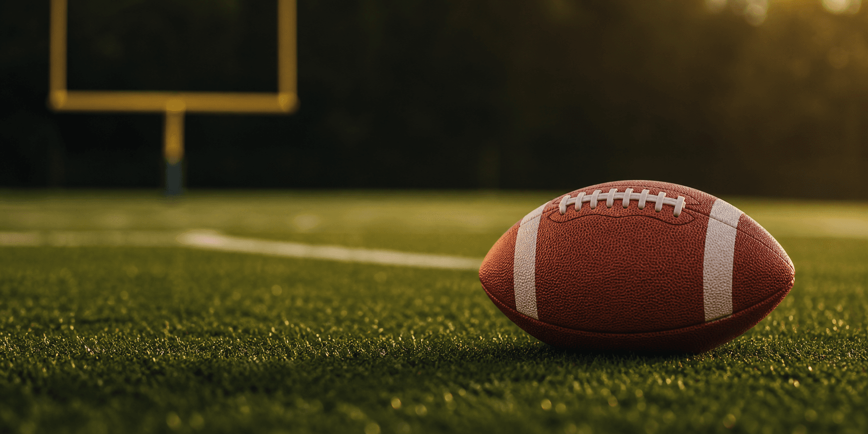 Football on a field with a goalpost